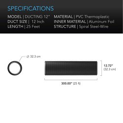 AC Infinity AI-DTA12 Ventilation Ducting, 12 in Dia, 25 ft Length, PVC Thermoplastic Outer, Aluminum Foil Inner, Spiral Steel-Wire Internal Structure